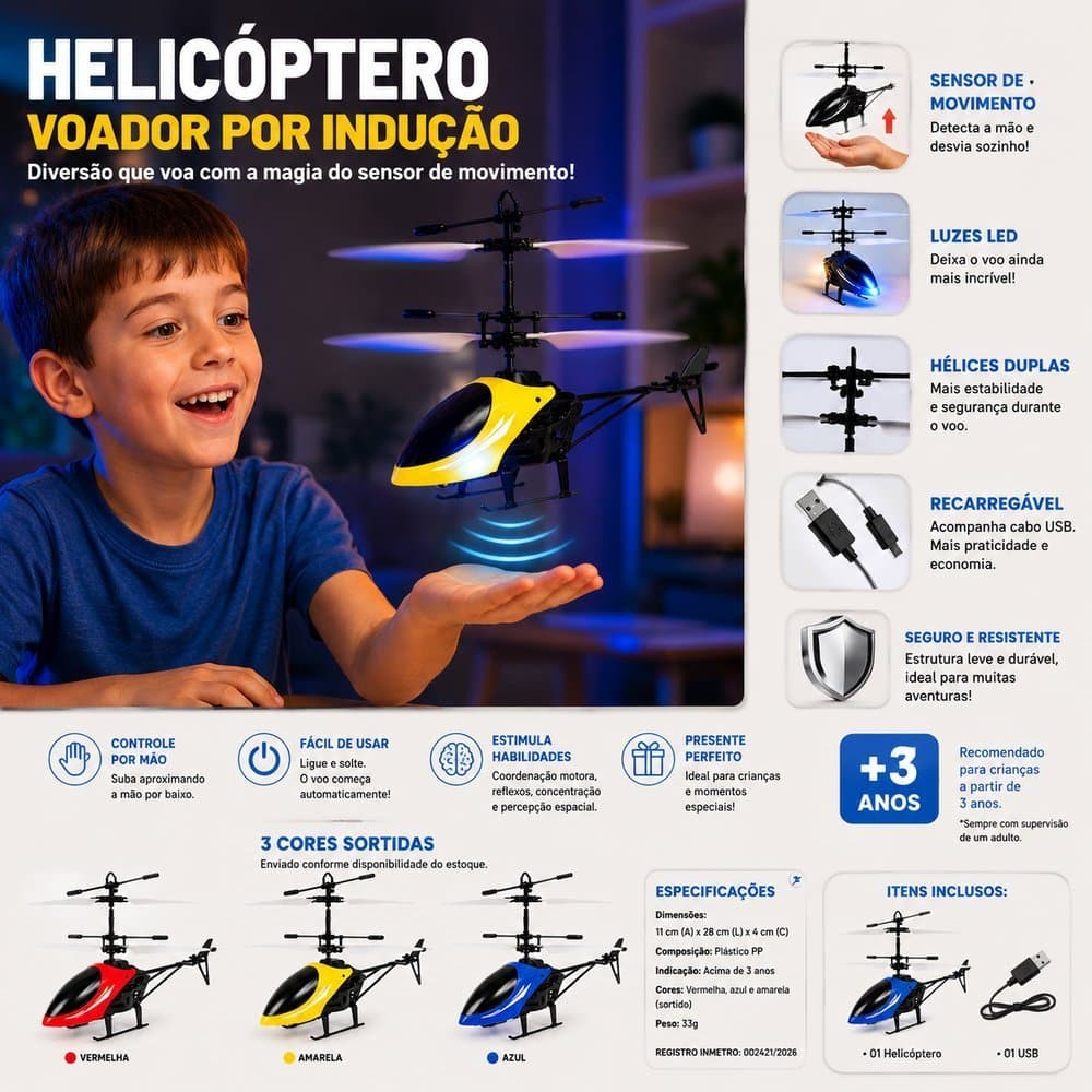 🚁 **Helicóptero Voador por Indução com Sensor e Luzes ✨**