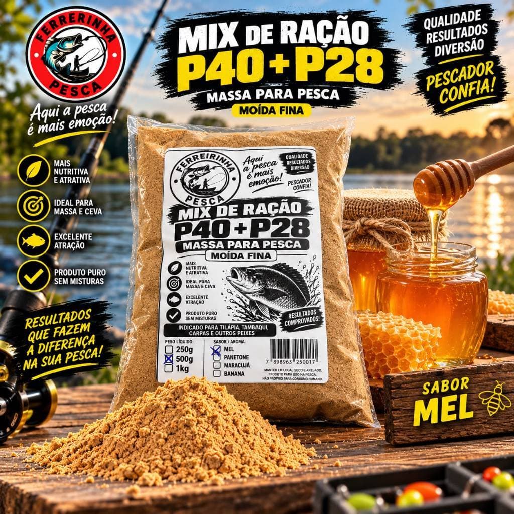 Mix P40 P28 com Essência de Mel Moído Fino Massa de Pesca Tilápia Tambaqui Pacu