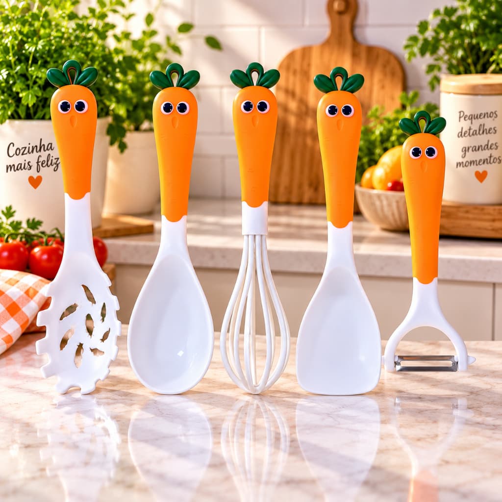 Kit Cozinha Cenoura 5 Peças Utensílios Espátula Colher de Arroz Batedor Pegador Massa Descascador