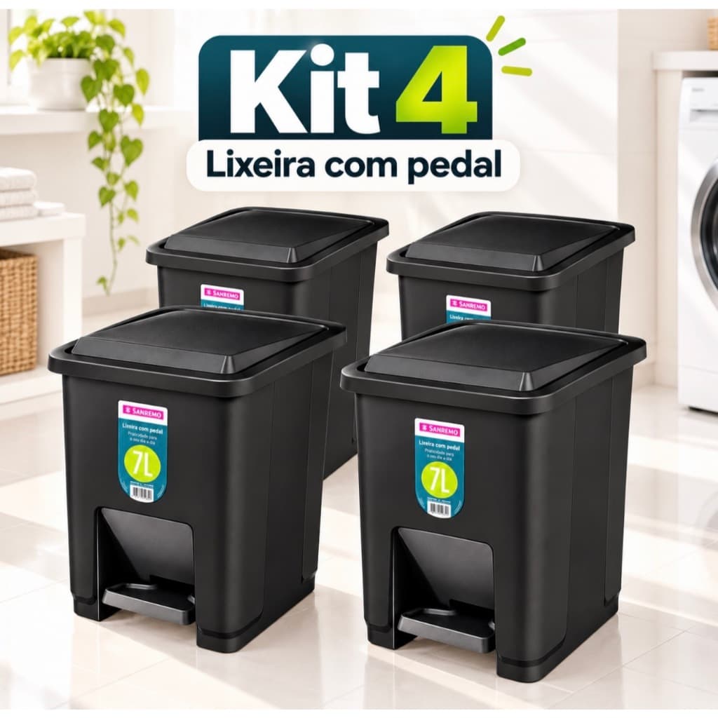 Kit 4 Lixeira com Pedal e Tampa 7 Litros de Plástico Resistente para Banheiro Sanremo