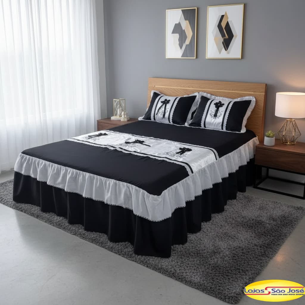Colcha Fuxico Com Babado Kit 3 Peças 100% Poliéster Casal