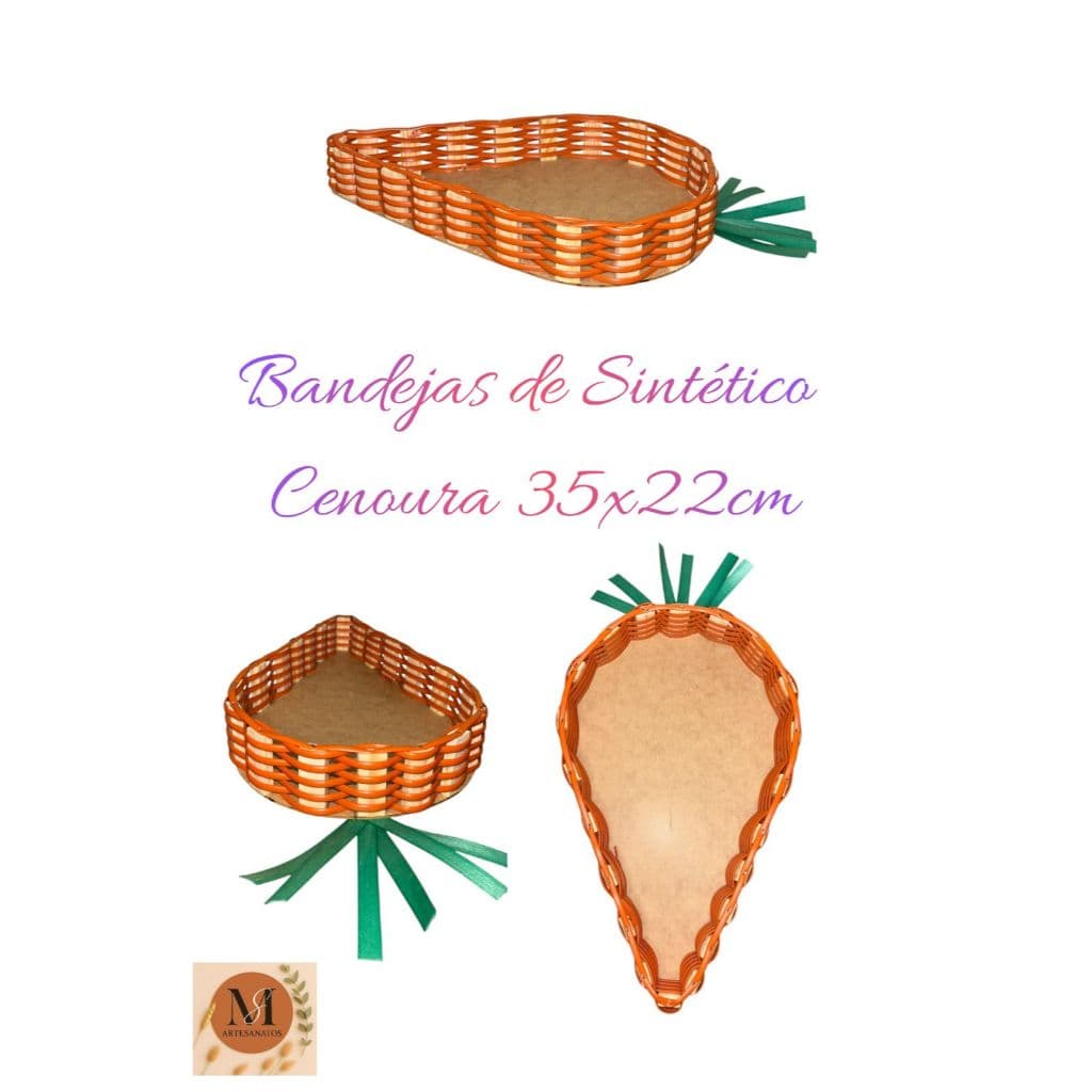 Kit 3 Bandejas Cenoura Artesanal 35x22cm Fita Sintética Decoração Páscoa, Presentes Organização