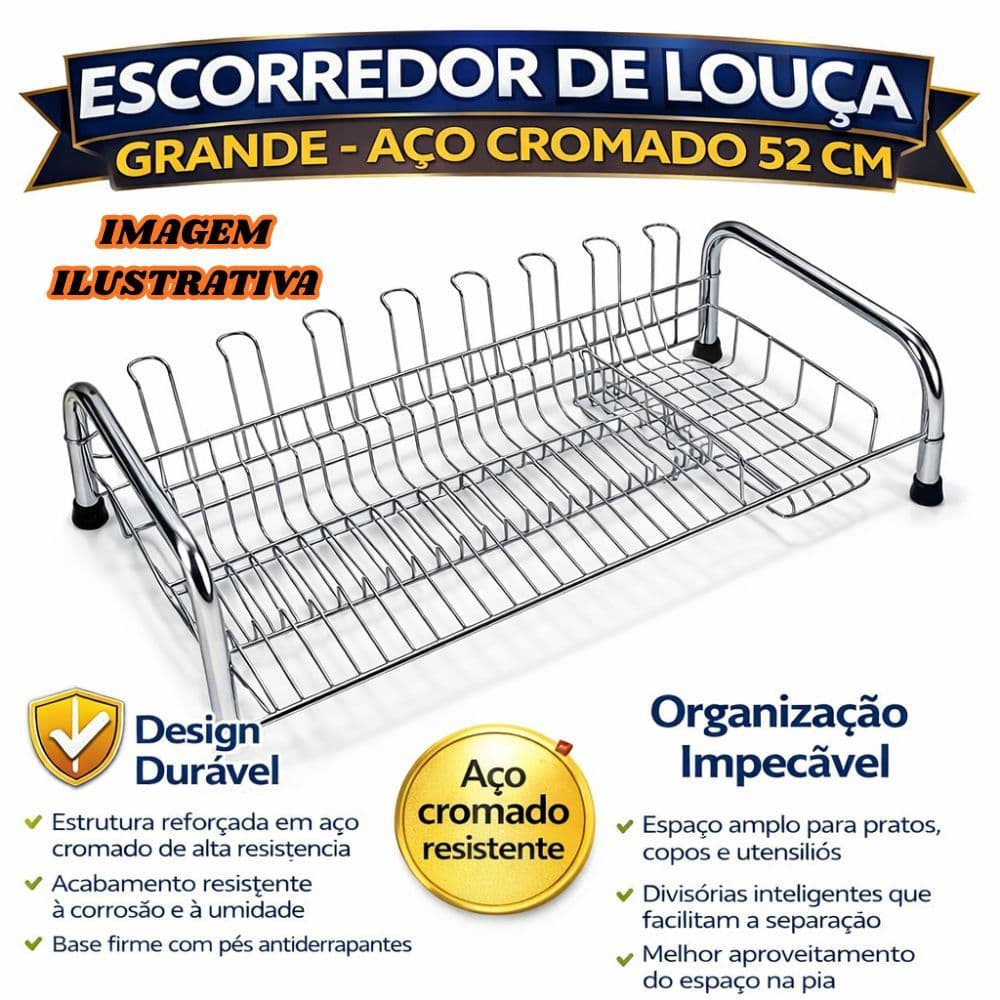 Escorredor de Louça Grande 52cm Aço Cromado 20 Pratos-Organizador de Pia