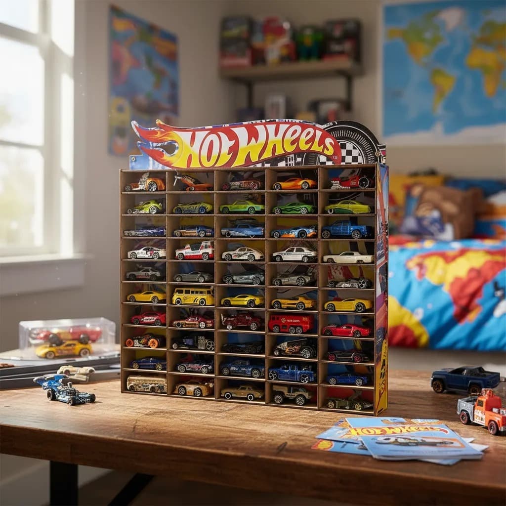 Expositor Porta Carrinhos Hotwheels Estante Prateleira Organizador Suporte de Carros Brinquedo Coleção 50 Nichos Mdf