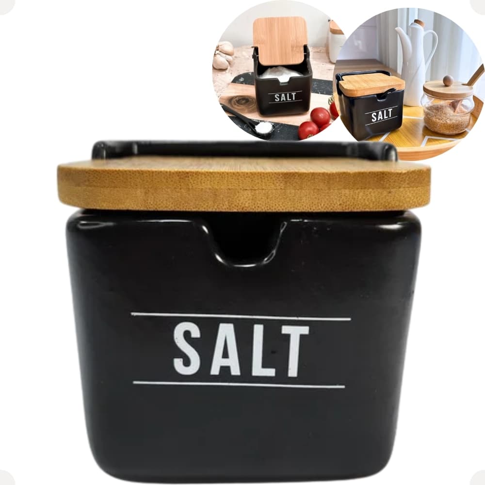 Saleiro Manhattan Preto 270ml Porta Sal Salt Porcelana Com Tampa de Bambu Coleção Haüskraft..