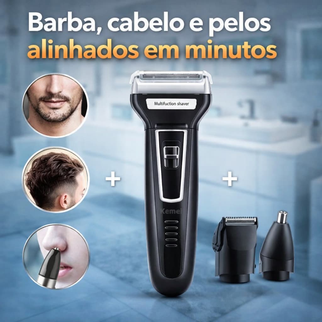 Aparador de Barba Kemei 3 em 1 Recarregável Bivolt Máquina de Cortar Cabelo e Pelos Nariz
