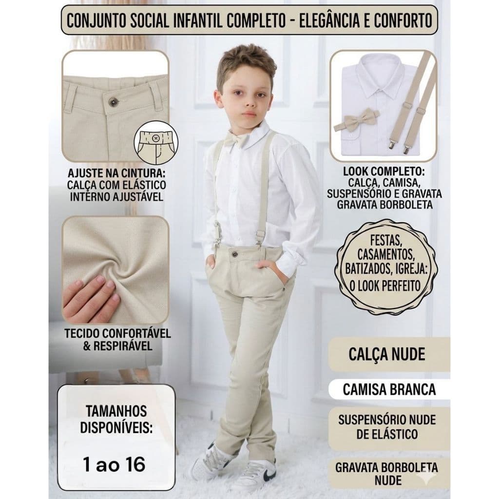 Roupa Conjunto Social - Calça Nude com Camisa Branca Infantil Social Batizado Formatura Casamento Festa Menino Infantil