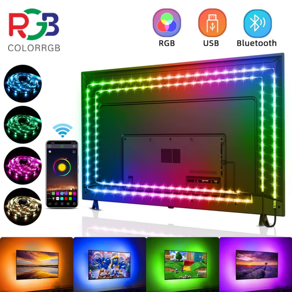 Fita LED USB Bluetooth, RGB, flexível, adesiva, para TV e desktop, SMD 5050, 5V