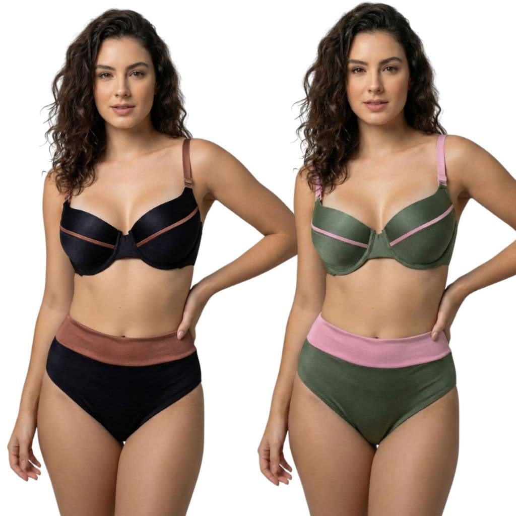 Biquíni Retrô Meia Taça com Bojo Removível e Aro Calcinha Hot Pant Cintura Alta Praia Verão