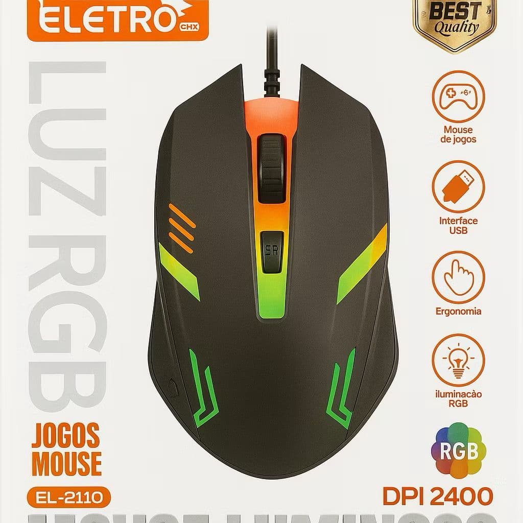 🎮 Mouse Óptico Gamer RGB LED USB 2400 DPI Com Fio ELETRO EL-2110