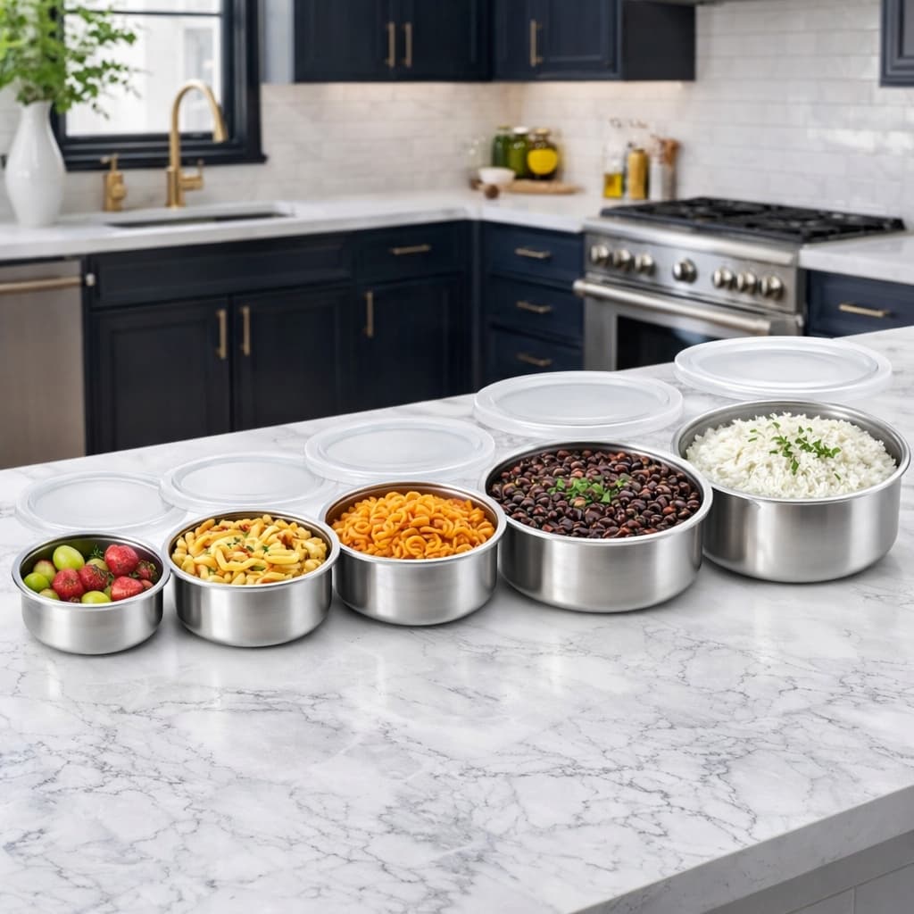 conjunto kit  5 potes herméticos redondos com tampa inox potes armazenamento alimentos sem vazamento alta vedação