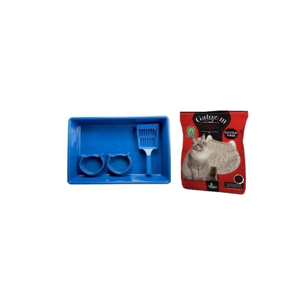 Kit Bandeja e Pá Higiênica para Gatos + Areia Gatozim Extra Fina + 2 Comedouros de Brinde
