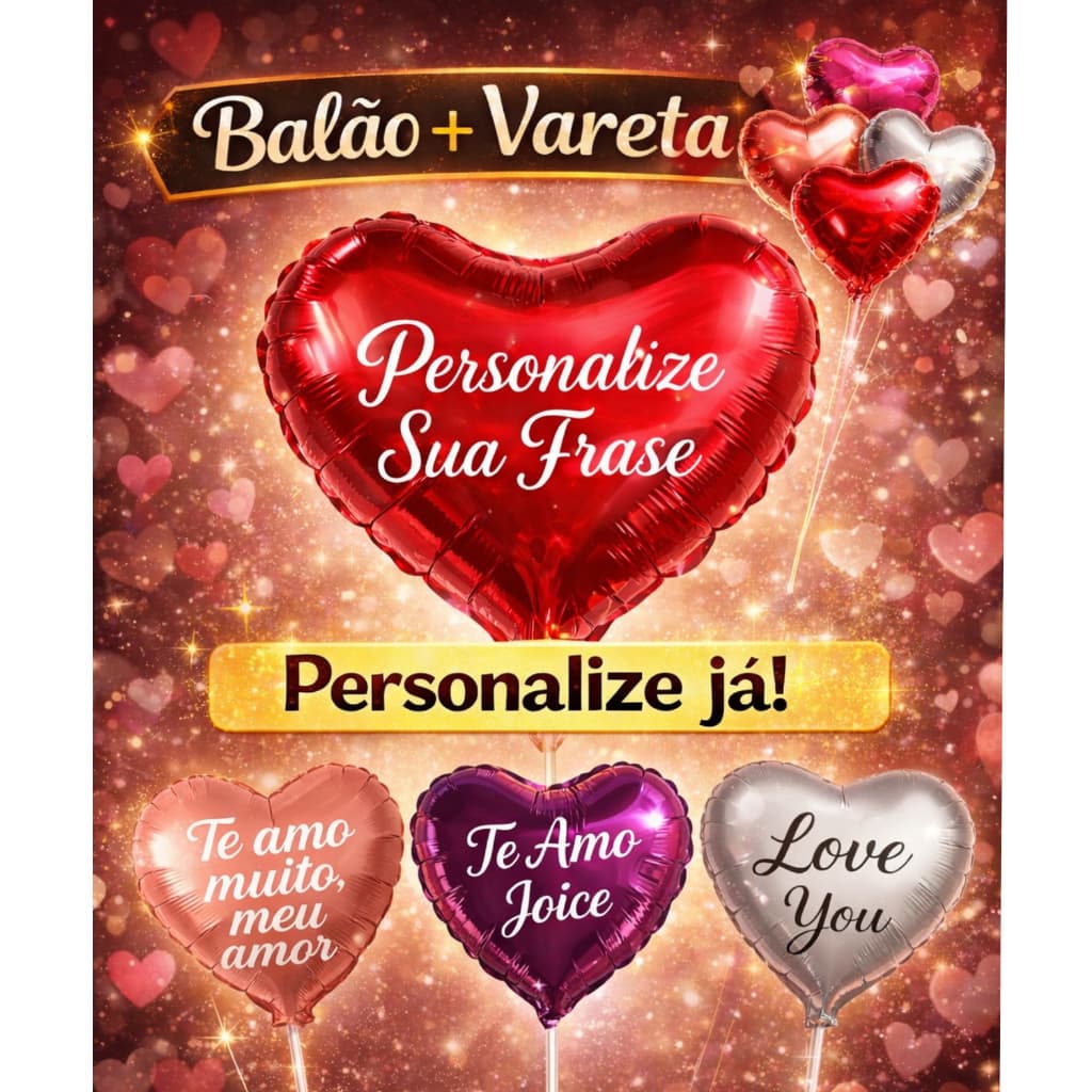 PERSONALIZADO | Kit 1 Balão de Coração Metalizado Cores + VARETA  - Balão de Aniversário, Presente e Surpresa|Balões
