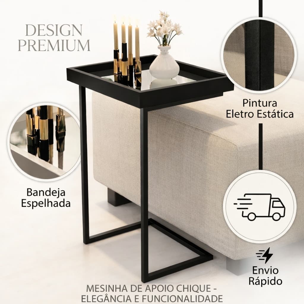 Mesa Lateral Espelhada com Pés de Ferro e Elegante Apoio Sala Sofá Moderna Decoração Preto