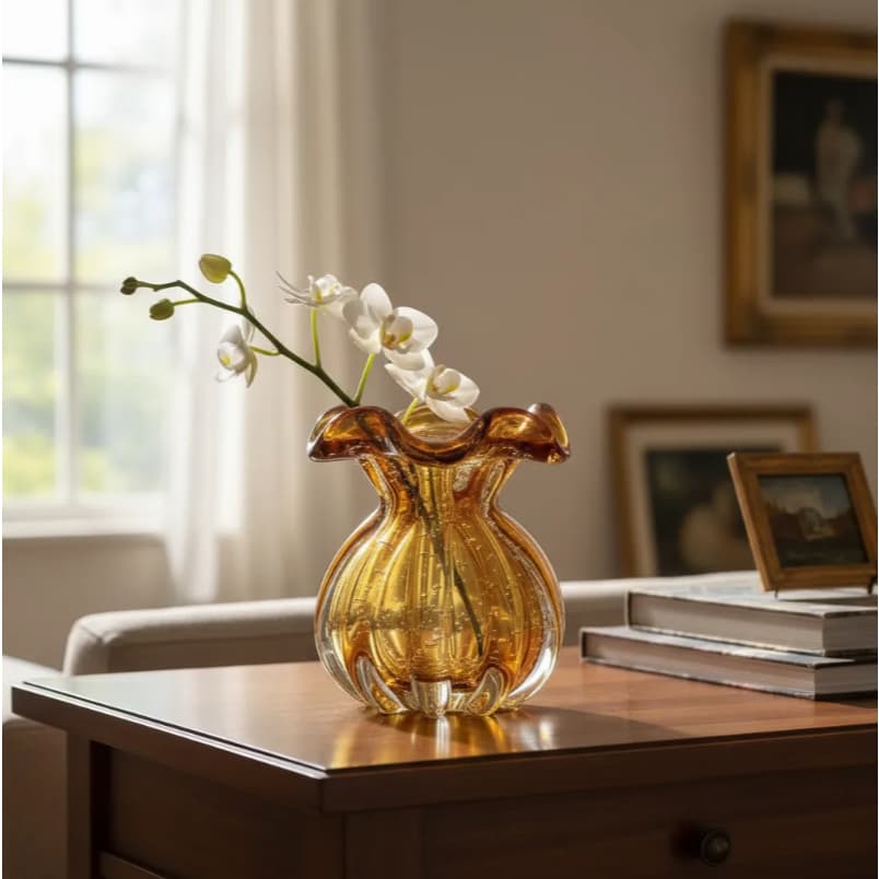 Vaso de Murano Decorativo Trouxinha em Cristal - Âmbar Decoração Luxo