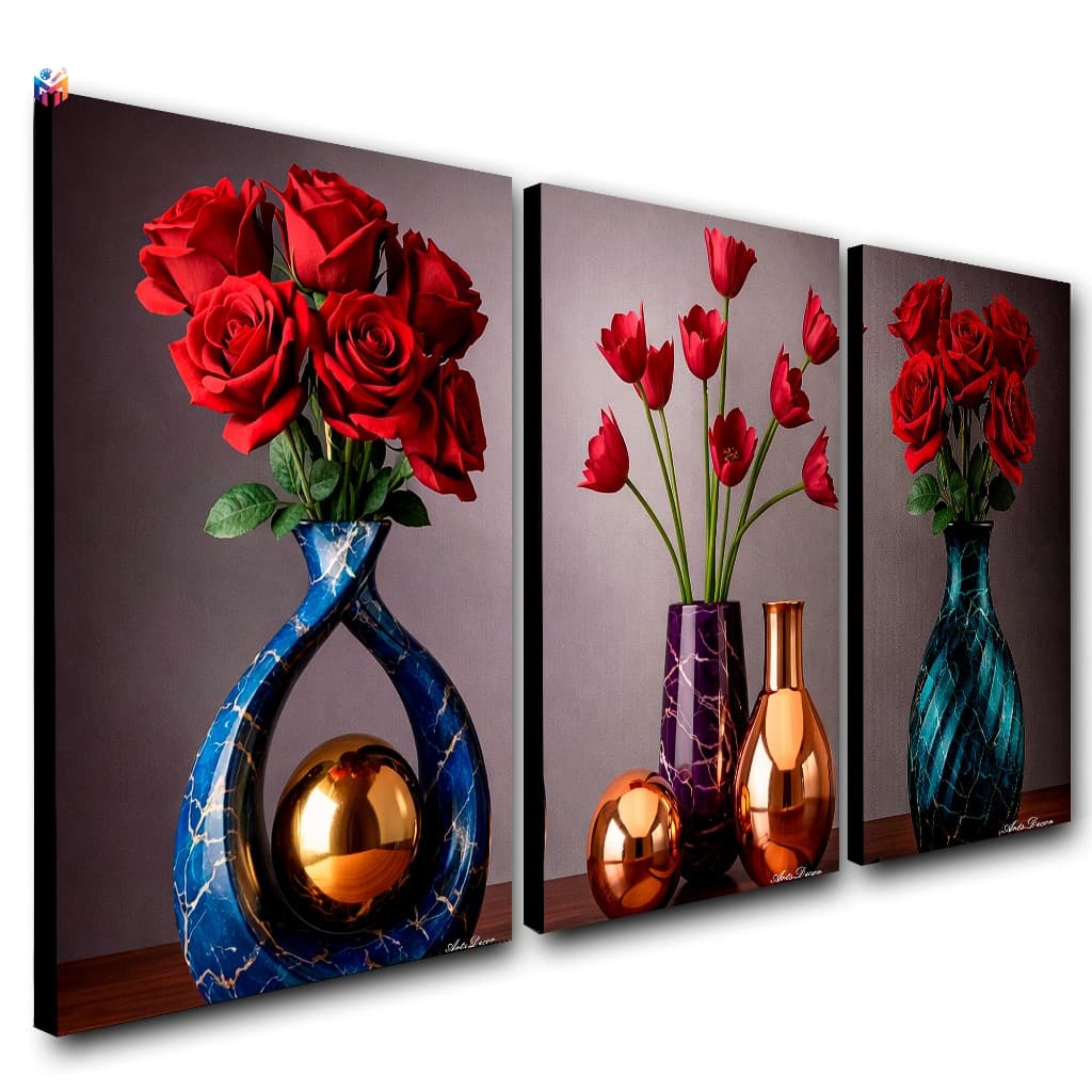 Quadros Decorativos kit 3 Peças Abstrato Três Vasos e Rosas em Tons Vivos Luxo Sala Quarto Escritório Hall