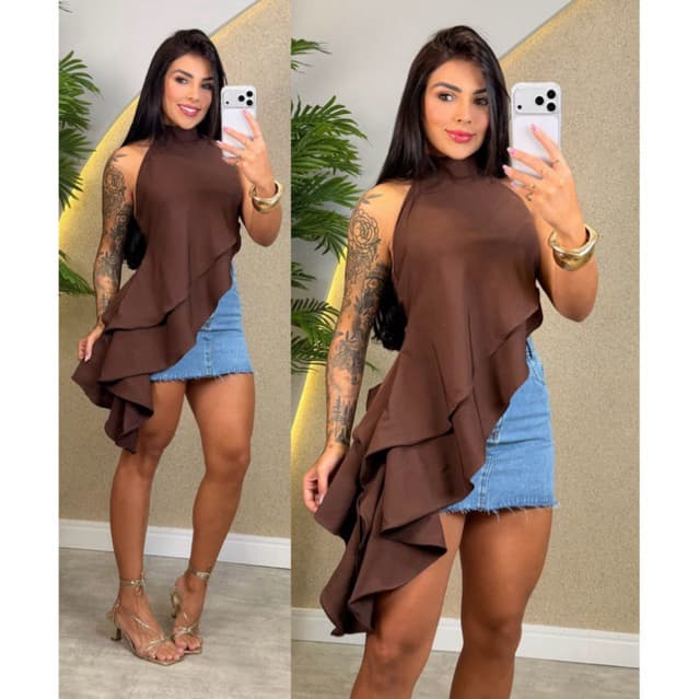 Blusa Bata Feminina Assimétrica Alfaiataria Gola Alta Tendência Verão Elegante