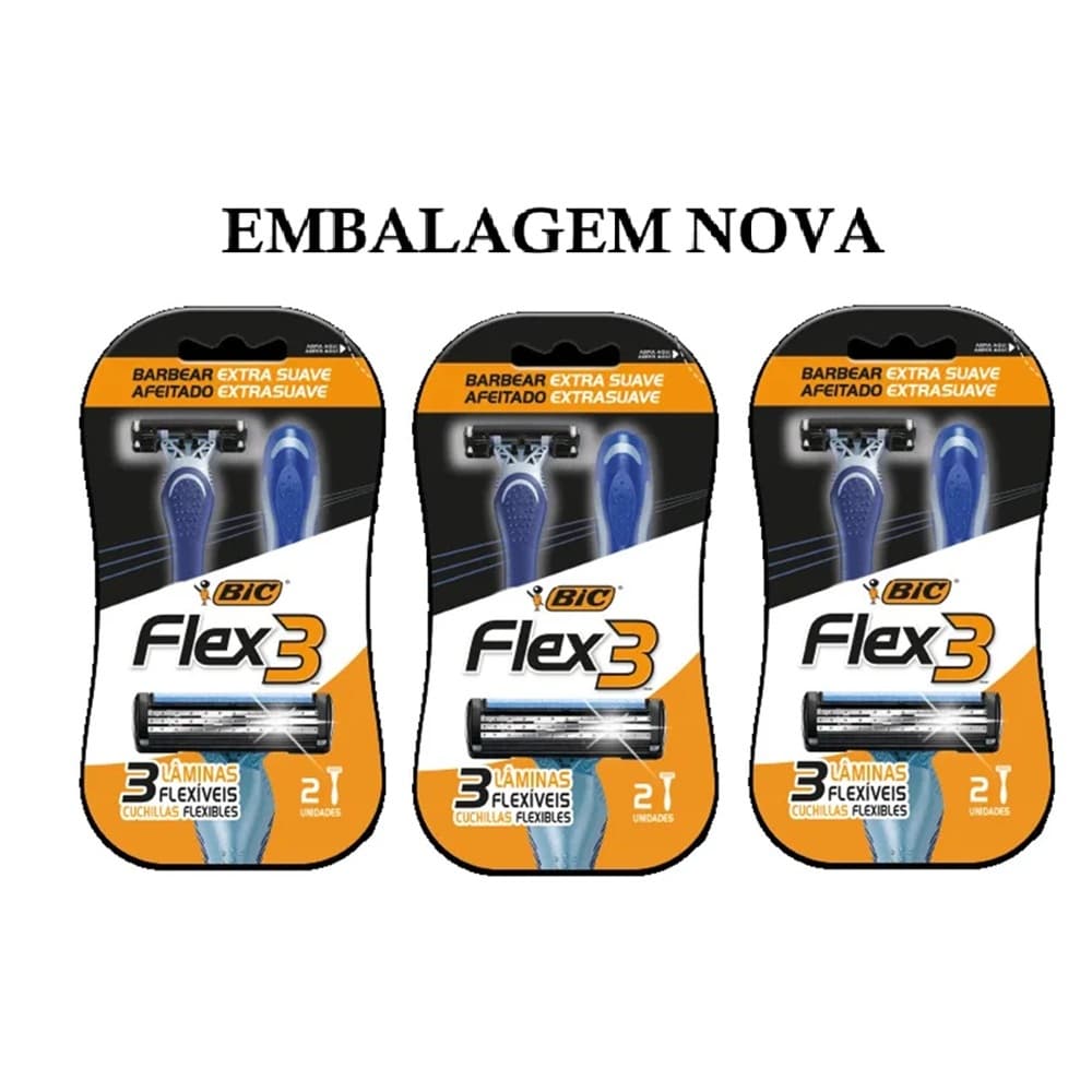 Kit 6 Un - Aparelho de Barbear BIC Flex3, Corpo Ergonômico, Com Fita Lubrificante