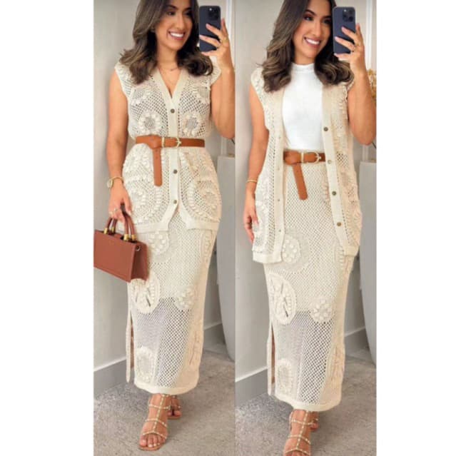 feminina conjunto tricô colete com saia forro com cinto000999