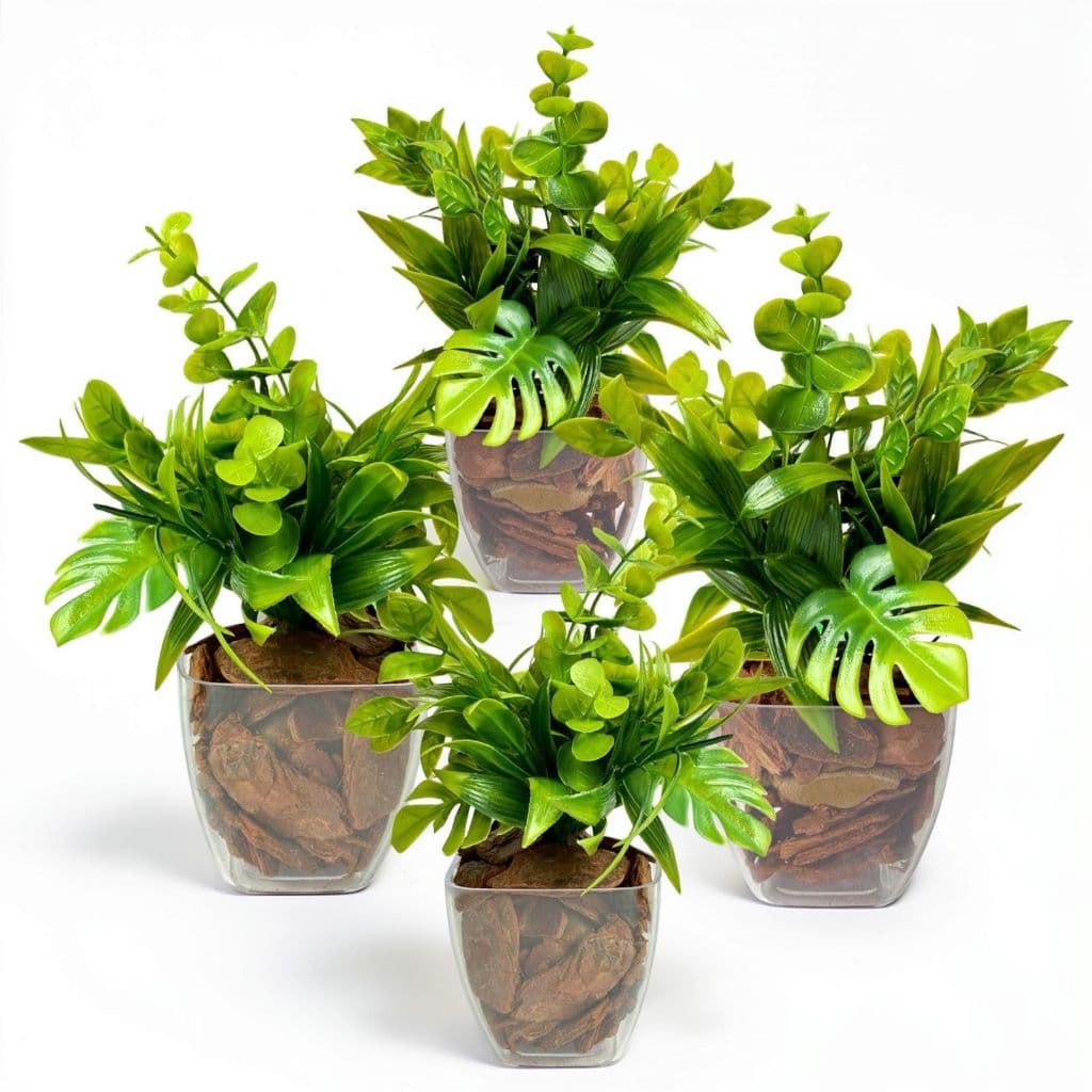 Kit 4 Vasos Decorativos Com Planta Artificial 7cm Moderno Pronto para Uso