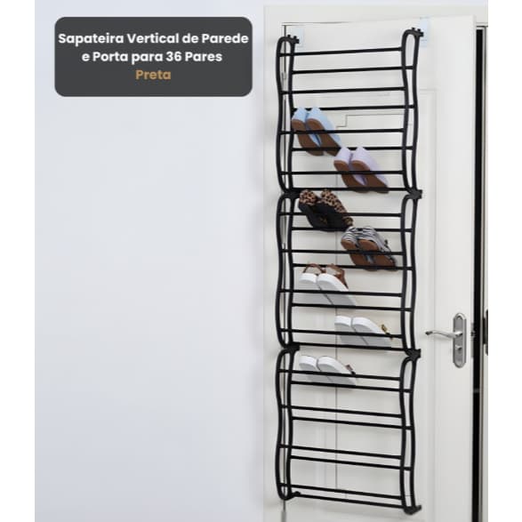 Sapateira Vertical de Parede e Porta para 36 Pares organizaçao de sapatos Preta
