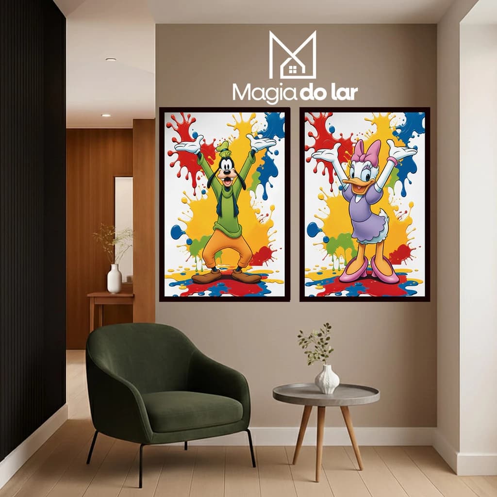 Kit 2 Quadros Decorativos Casal Cartoon Vintage Arte Colorida Estilo Retrô Decoração Parede Quarto Infantil Criativa