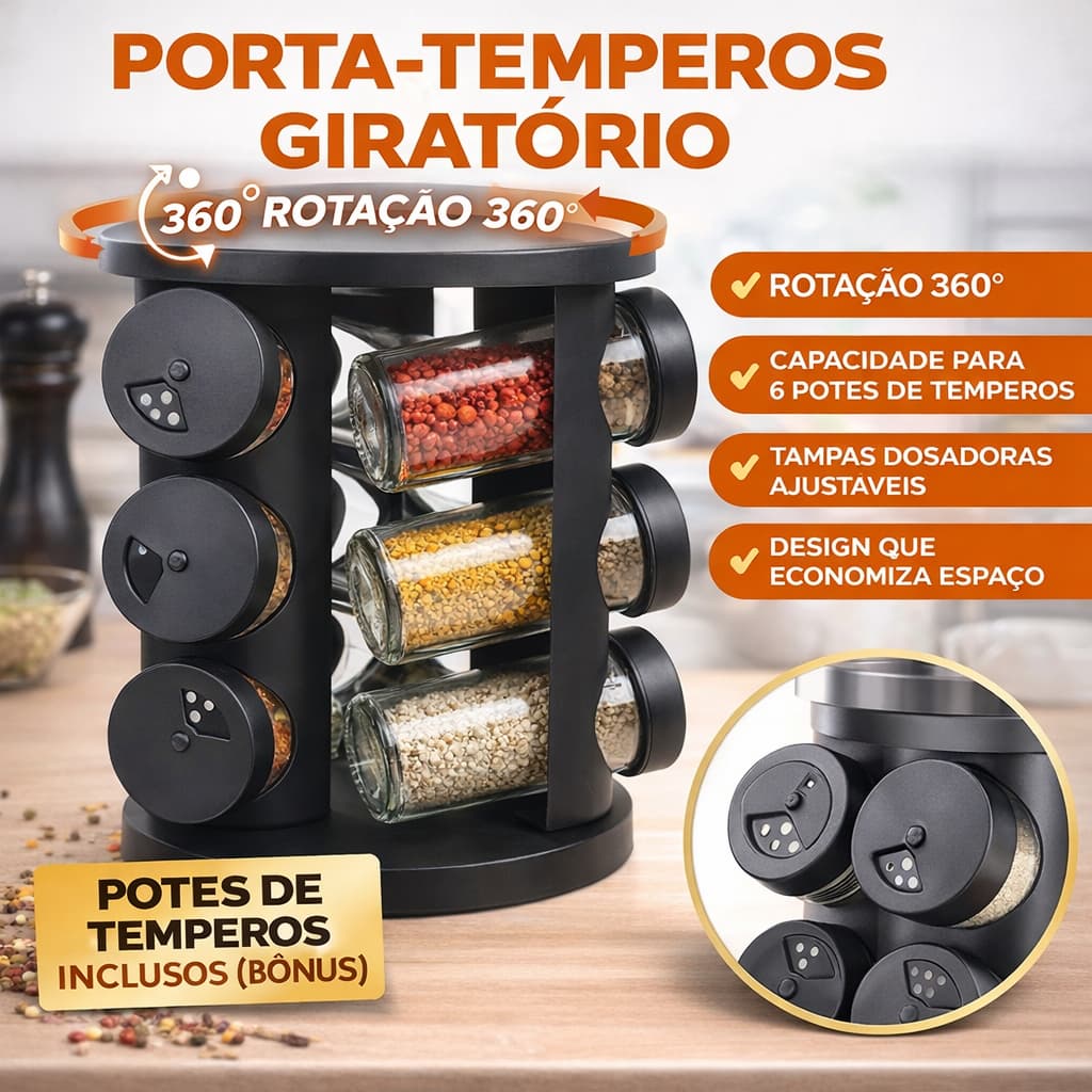 Porta Condimentos temperos 9 Frascos de vidro Com Suporte Giratório Preto