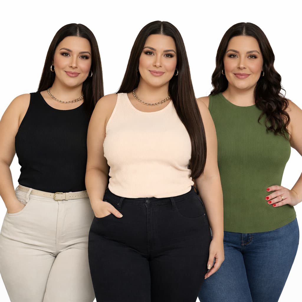 kit 3 Regata em Ribana canelada Plus size Qualidade Premium