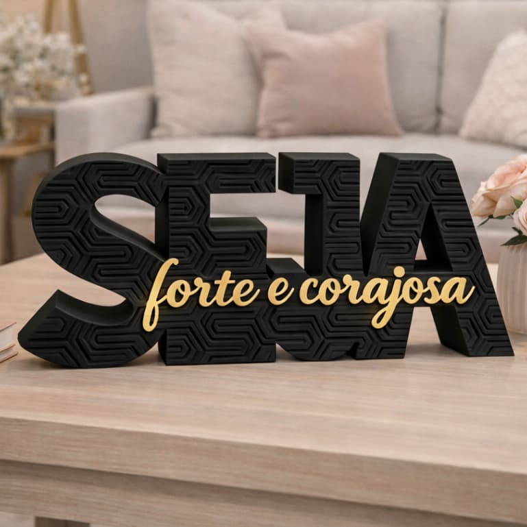 Placa Decorativa Seja Forte e Corajosa Preto e Nude | Presente Inspirador Cristão Decoração Fé Jesus Elegante Moderno
