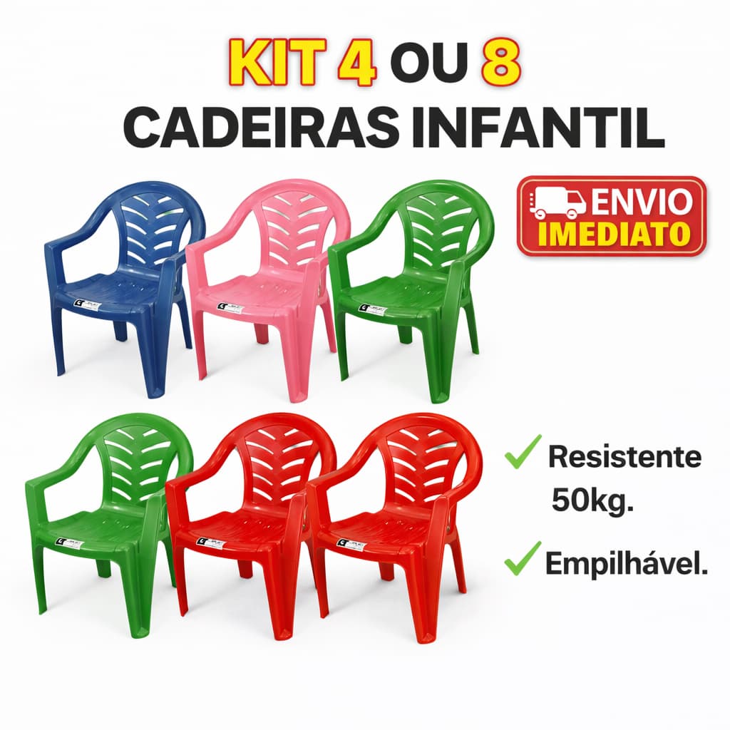 Kit 4 ou 8 Cadeiras Infantil Plástica Plastex Empilhável Resistente 50kg Azul Rosa, Verde, Vermelho
