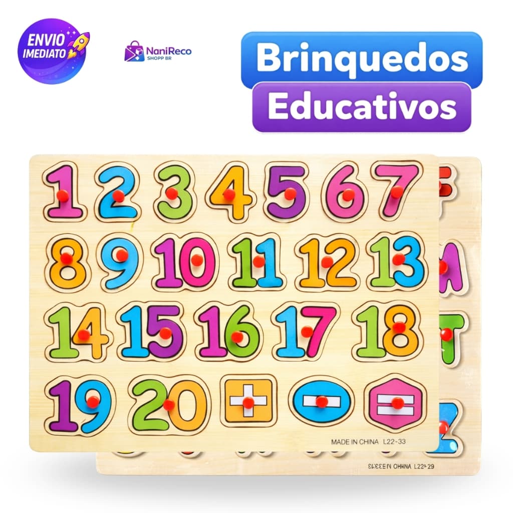 Brinquedo Educativo em Madeira Letras ou Números  para Aprender Alfabeto, Matemática e Coordenação