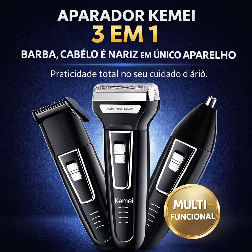 Aparador de Barba Kemei 3 em 1 Recarregável Bivolt Barbeador Elétrico Nariz Cabelo KM6558