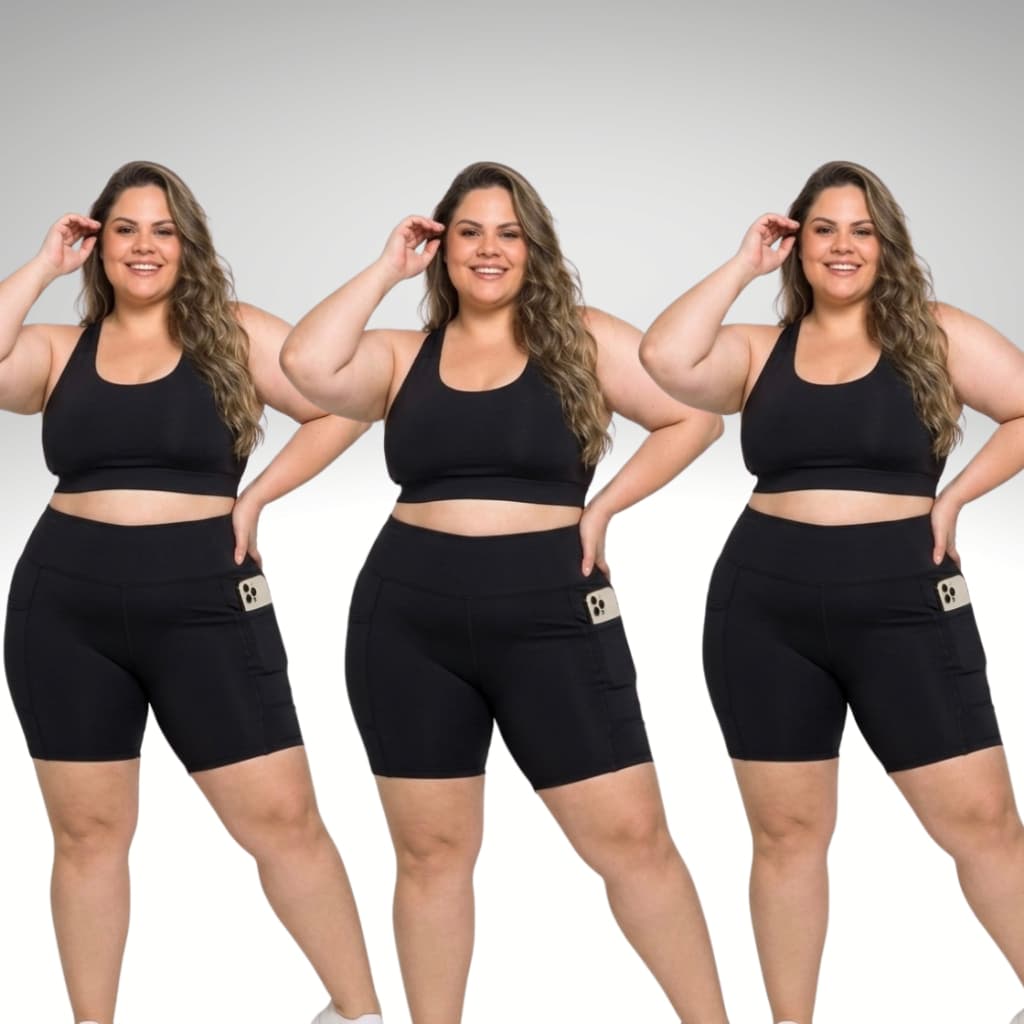 Kit 3 Conjuntos Fitness Feminino Plus Size Cintura Alta Short Bolso Suplex Compressão Academia G1-G3