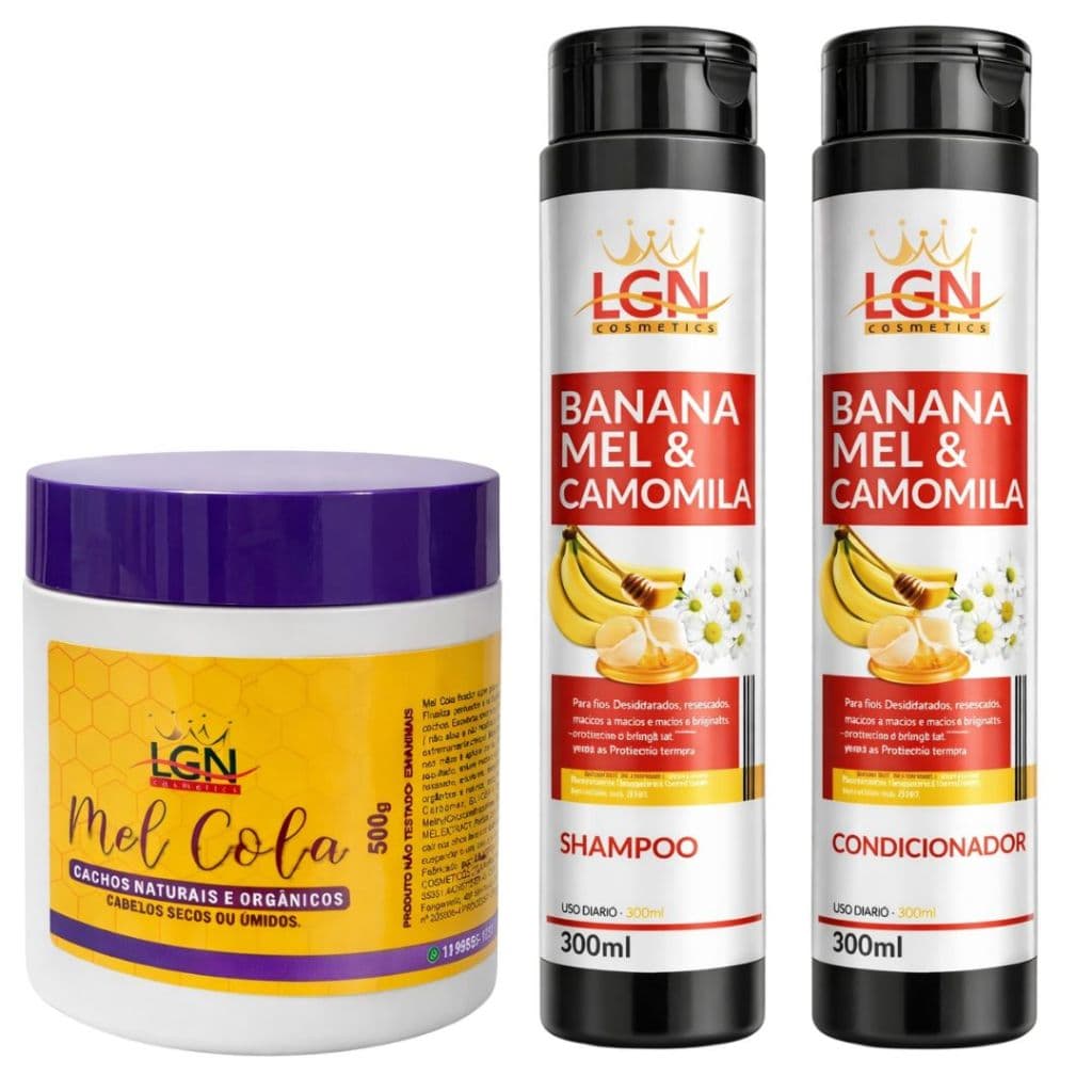 Mel Cola 500g – Shampoo e Condicionador Mel 300ml (cada) | Cachos Definidos e Hidratados