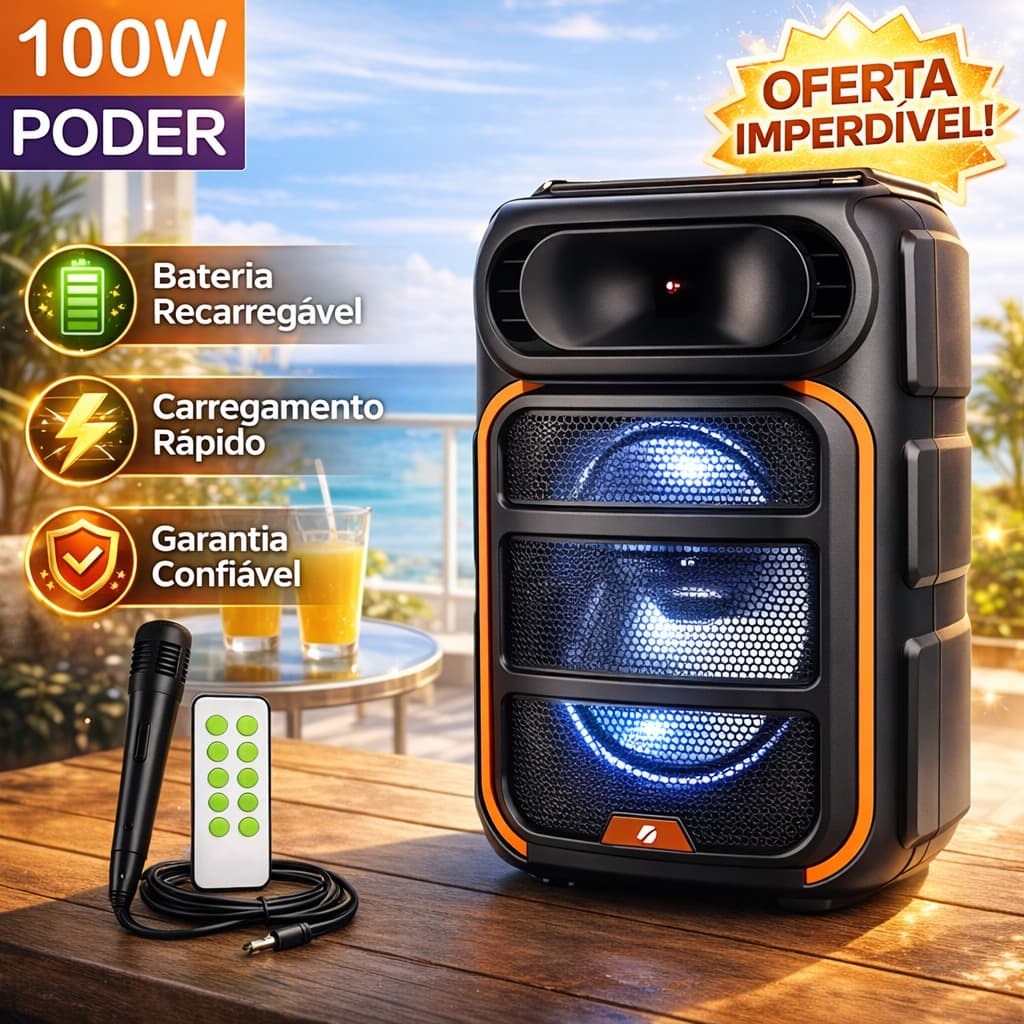 Caixa de Som Bluetooth Portátil Potente LED RGB TWS FM C/microfone 100W para Festa Viagem Praia