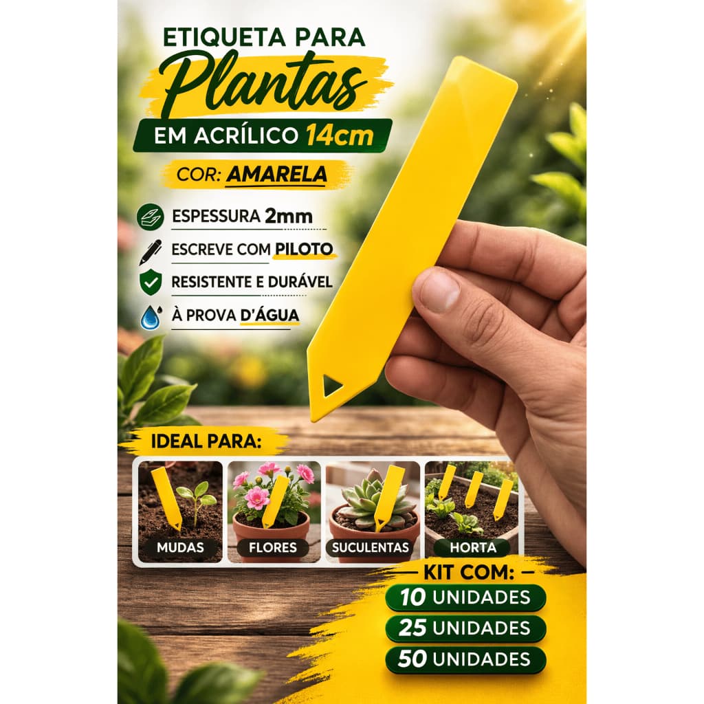 Etiqueta para Plantas em Acrílico 14cm Amarela | Plaquinha Identificação Jardim Mudas Flores Suculentas (Kit 10 25 50)