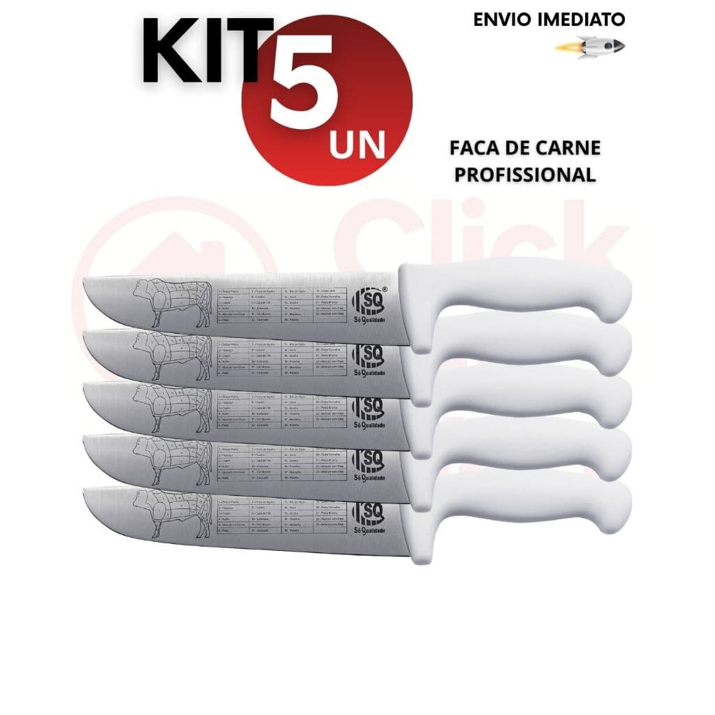 Kit 2/4/5 Faca Carne Profissional 8'' Polegadas Cabo Branco Aço Inox Açougueiro Churrascaria Legumes Frutas Cozinha Chef