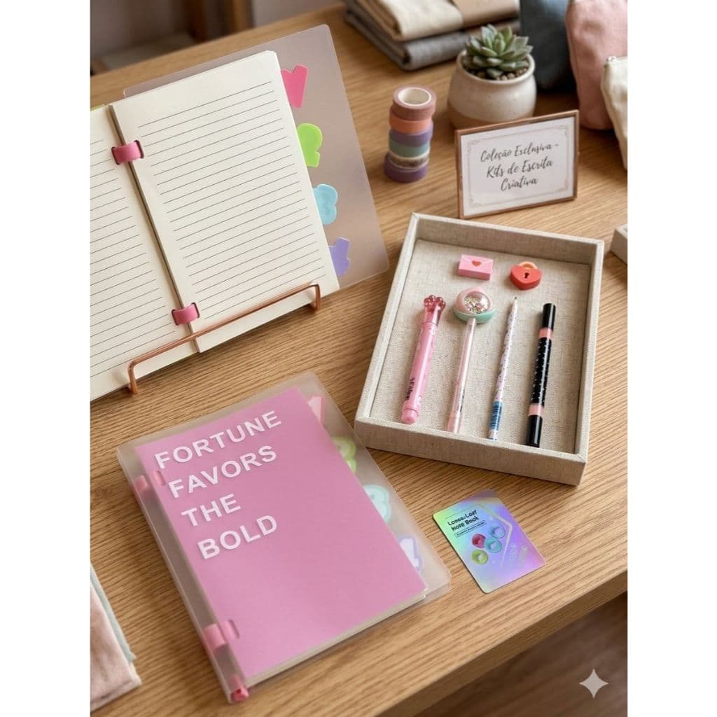 Mini Fichário A5 com divisórias e folhas Kit 7 itens Modelos Colorido Fofo Papelaria