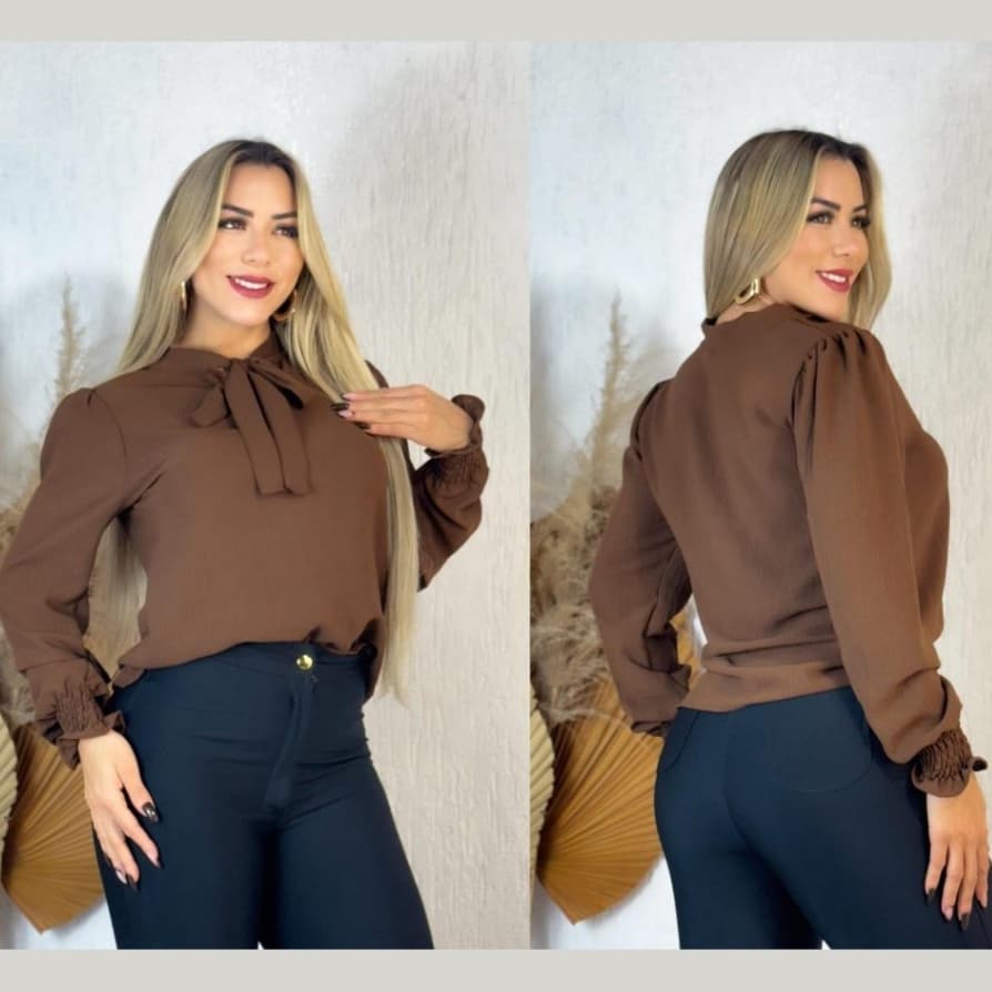 CAMISA FEMENINA SOCIAL EVANGELICA MANGA LONGA FUFANTE GOLA DE LAÇO