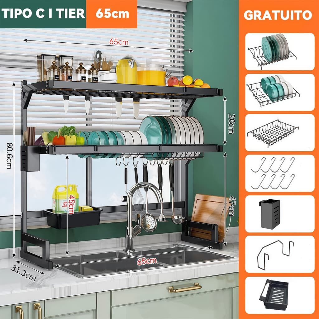 Escorredor De Louça Suspenso Kitchen Rack Açoa Inoxidável Organizador Preto Um/dois andares 65cm