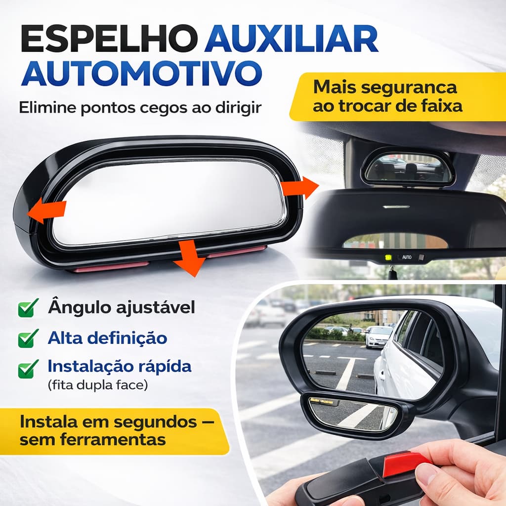 1 Espelho Auxiliar Ponto Cego Carro/ Vigia Bebê, Retrovisor Interno ou Externo. Veicular Automotivo.