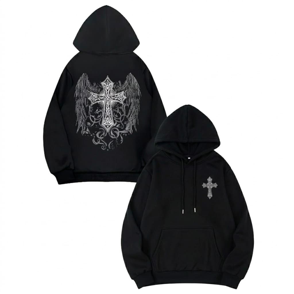Blusa de Frio Estilo Gótico Cruz Gótica Moletom com Capuz Casaco Canguru Quente