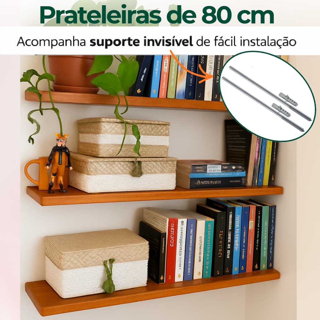 Prateleira de Madeira 80 cm Flutuante Suporte Invisivel para Quarto Cozinha Sala Banheiro