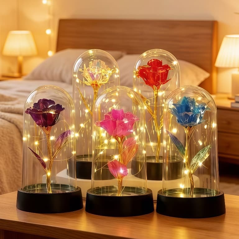 Rosa Encantada com Luz LED - Flor Eterna Decorativa em Cúpula de Acrílico