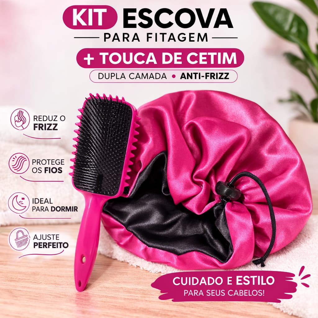 Kit Escova de Fitagem + Touca de Cetim Dupla Anti Frizz Para Cabelos Cacheados Crespos