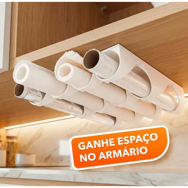 Suporte Organizador de Rolos para Cozinha – Papel Toalha, Alumínio e Filme PVC