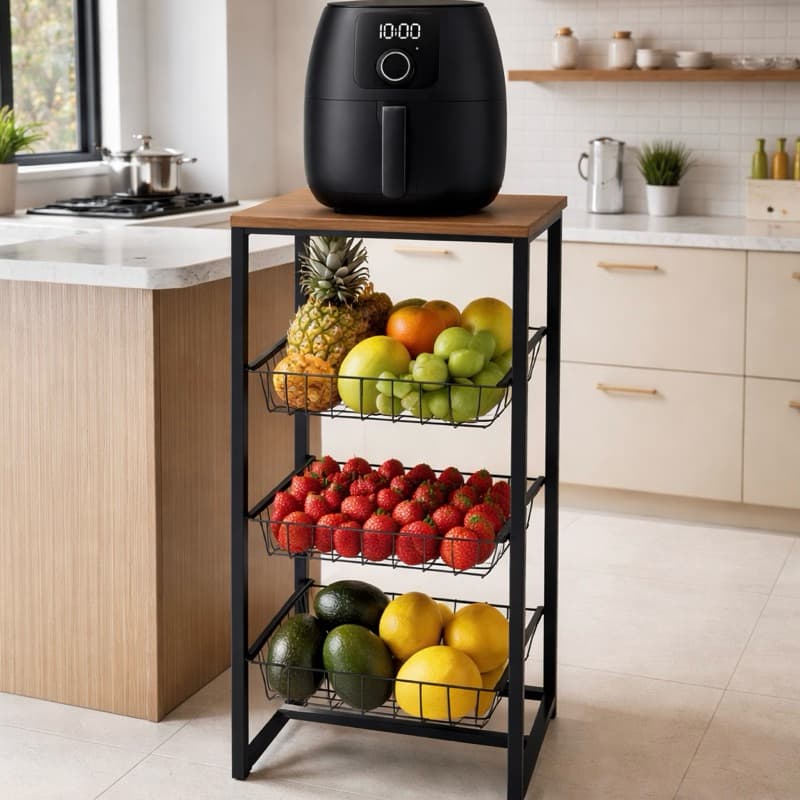 Fruteira De Chão Cozinha Preto 3 Cestos Organizadora Multiuso Suporte para Bebedouro Microondas Mdf Amadeirado/Preto