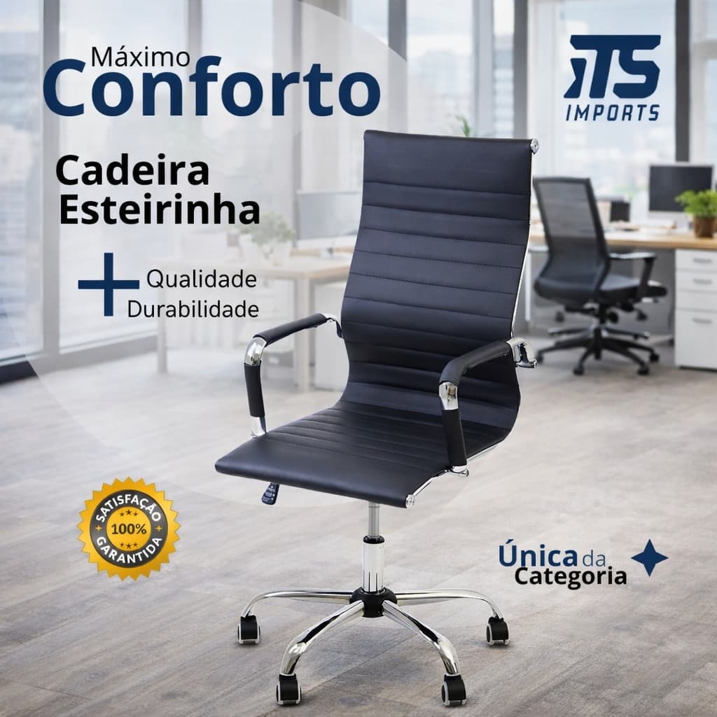 Cadeira Presidente Esteirinha Monobloco Escritório Ergonômica Couro PU Preta – ITS Imports
