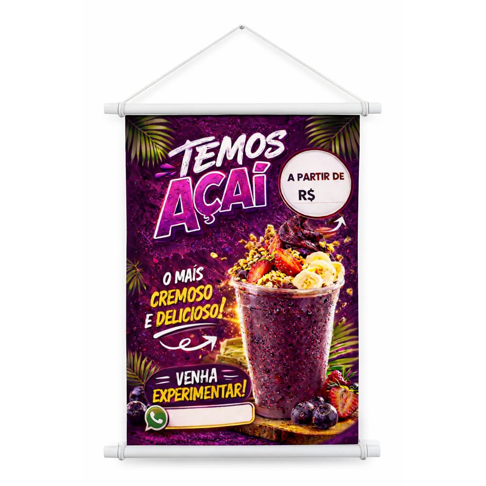 Banner Temos Açaí Arte Pronta Sorveteria Lona A Prova D`Água 80x60