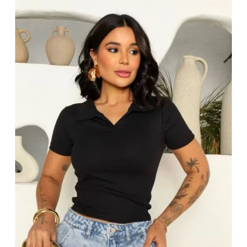BLUSA GOLA POLO MODA FEMININA BÁSICO CASUAL SOCIAL TRABALHO RIBANA ALGODÃO MANGUINHA VERÃO DIA A DIA ELEGANTE LINDA
